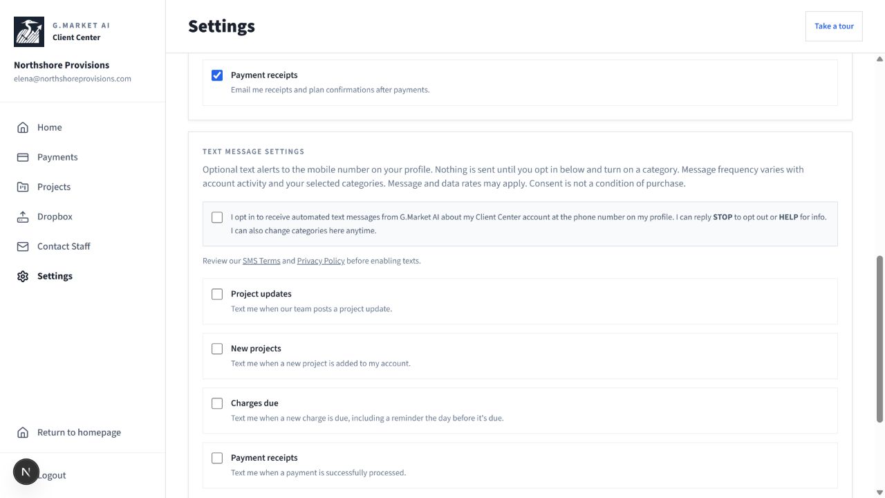 Client Center Settings: unchecked SMS consent and disabled-by-default category choices, frequency disclosure, STOP and HELP instructions, and policy links.